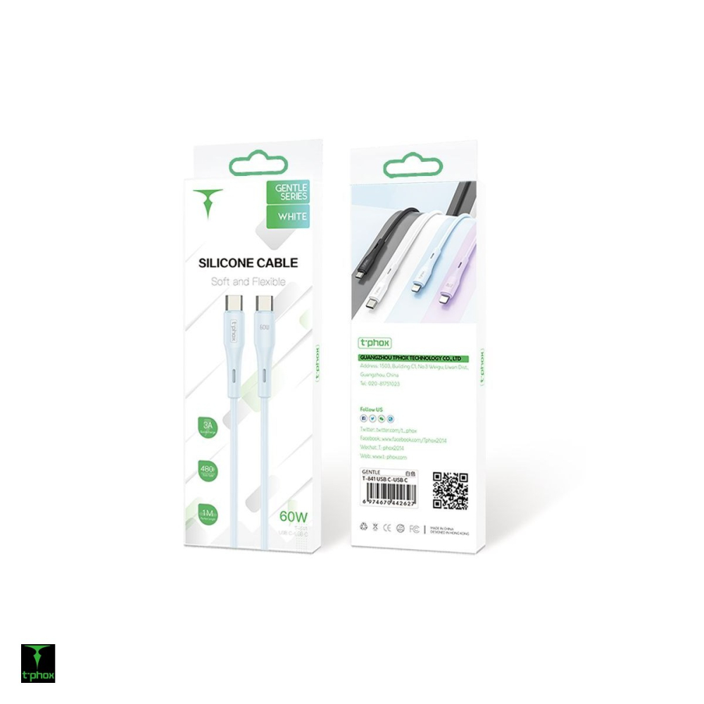 Cablu de date T-Phox Gentle, USB-C - USB-C, 1 m, 60W, alb [5]
