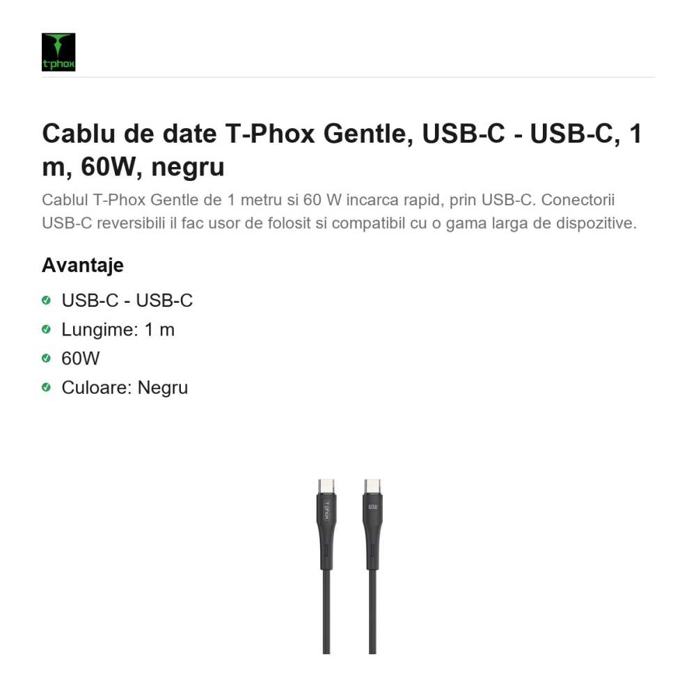 Cablu de date T-Phox Gentle, USB-C - USB-C, 1 m, 60W, negru [2]