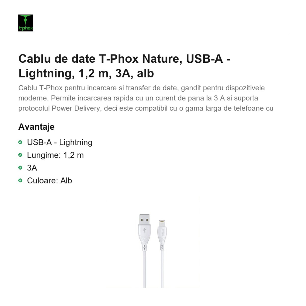 Cablu de date T-Phox Nature, USB-A - Lightning, 1,2 m, 3A, alb [2]