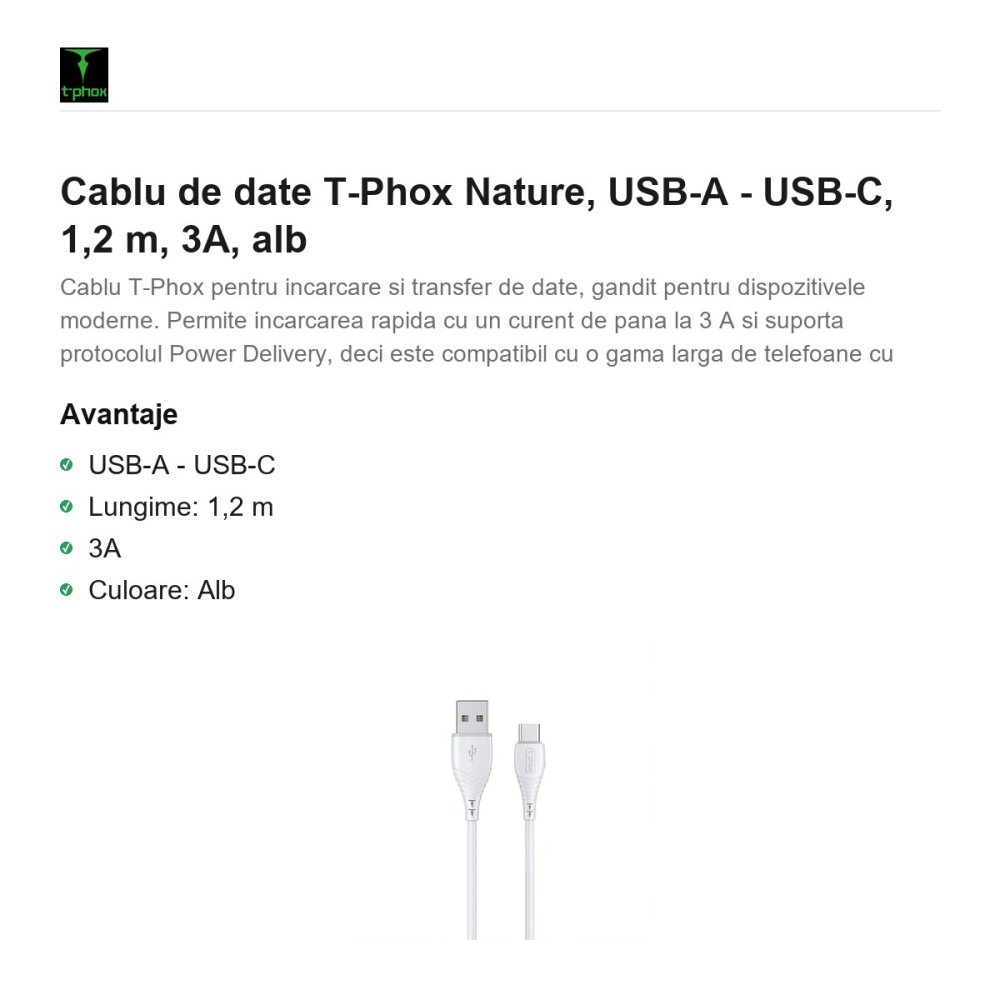 Cablu de date T-Phox Nature, USB-A - USB-C, 1,2 m, 3A, alb [2]