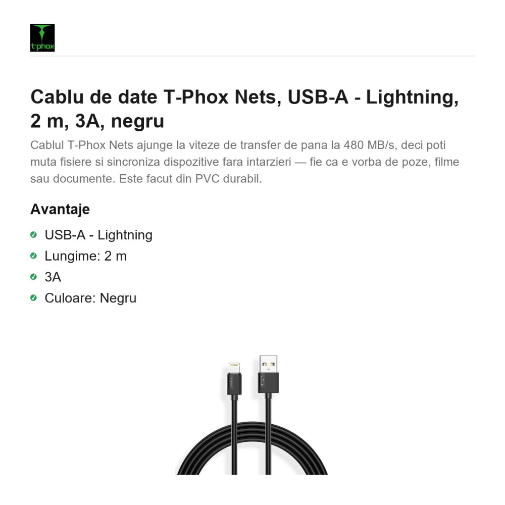 Cablu de date T-Phox Nets, USB-A - Lightning, 2 m, 3A, negru [2]