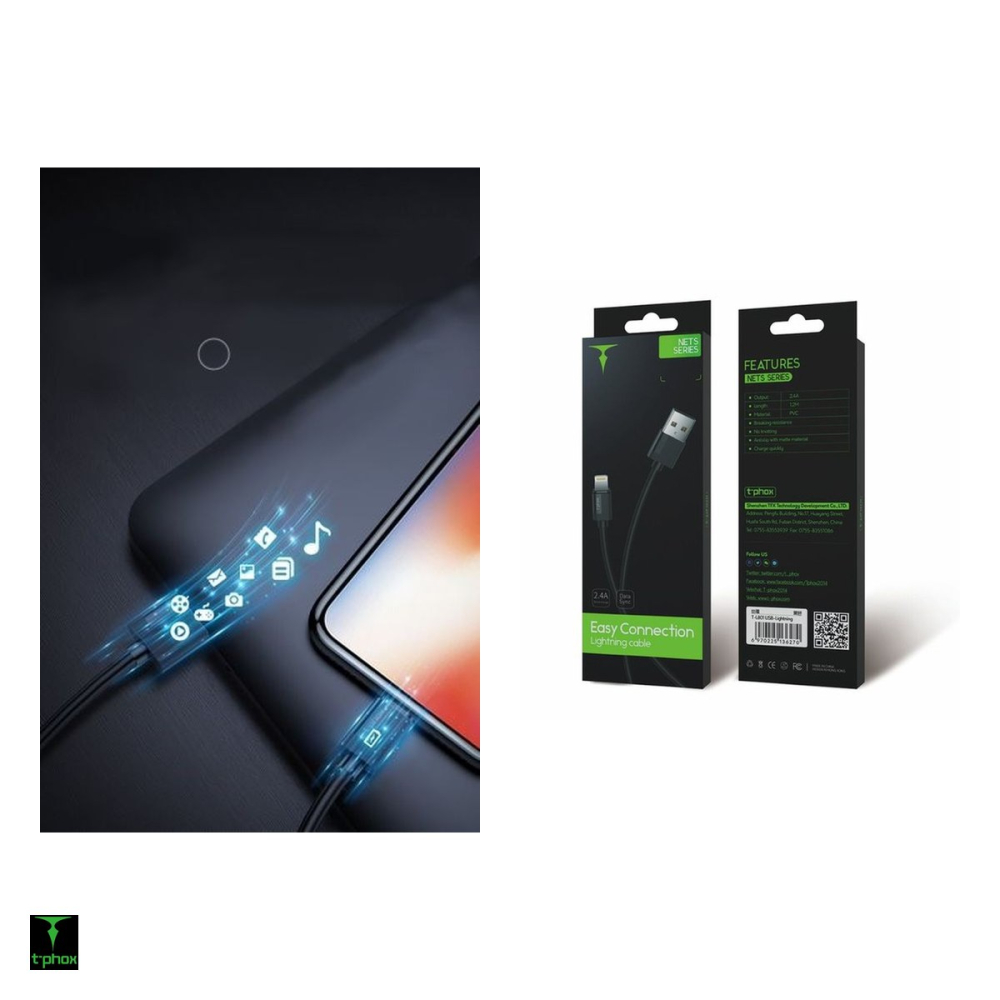 Cablu de date T-Phox Nets, USB-A - Lightning, 2 m, 3A, negru [5]