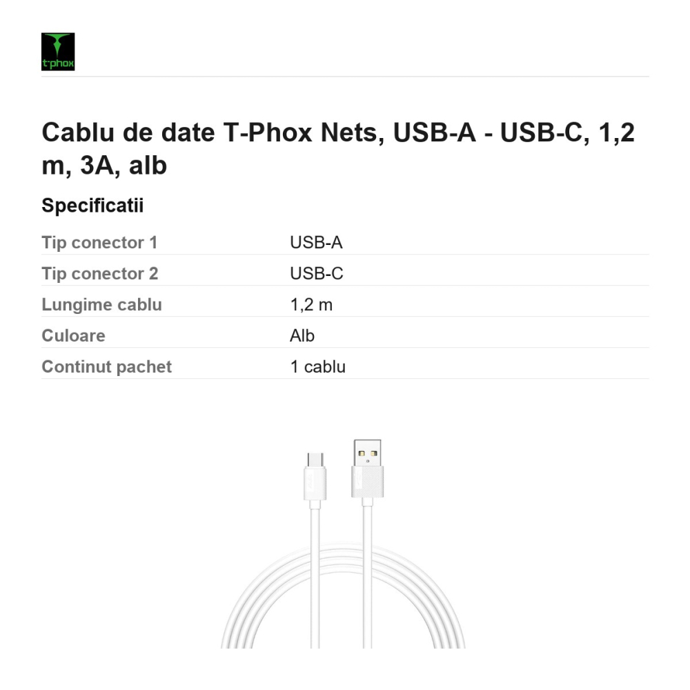 Cablu de date T-Phox Nets, USB-A - USB-C, 1,2 m, 3A, alb [3]