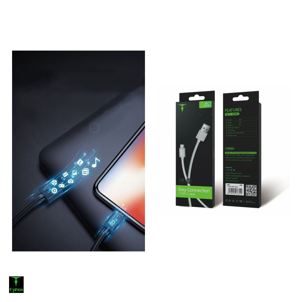 Cablu de date T-Phox Nets, USB-A - USB-C, 1,2 m, 3A, alb [5]