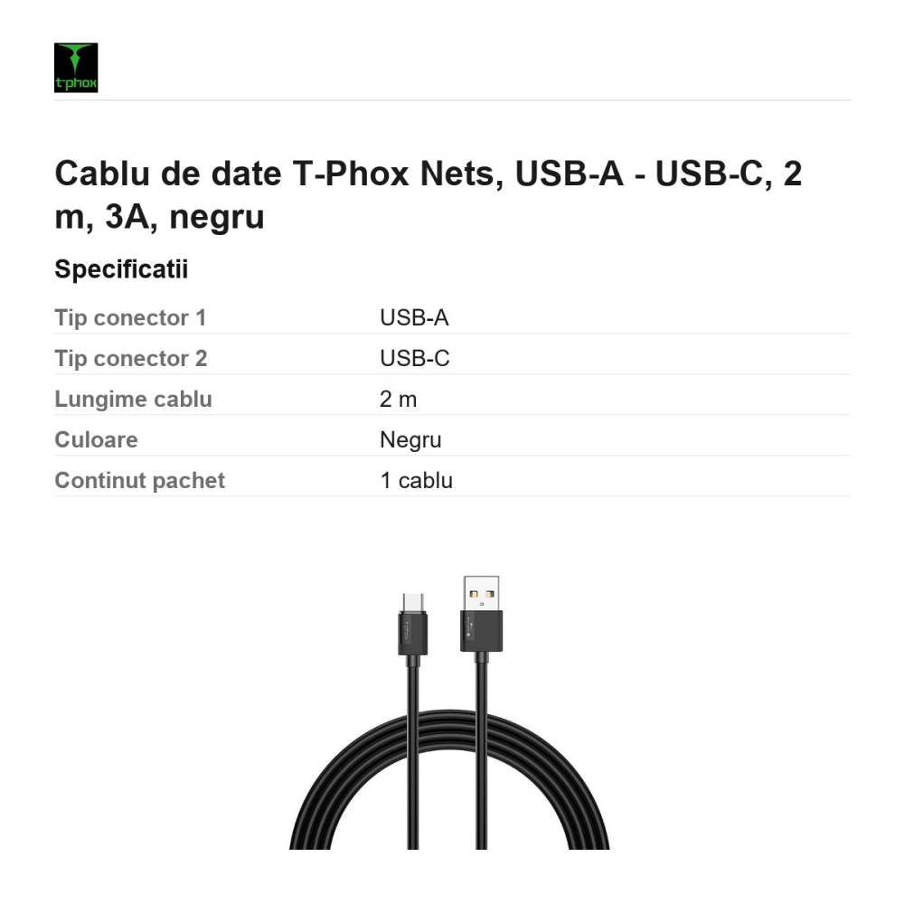 Cablu de date T-Phox Nets, USB-A - USB-C, 2 m, 3A, negru [3]