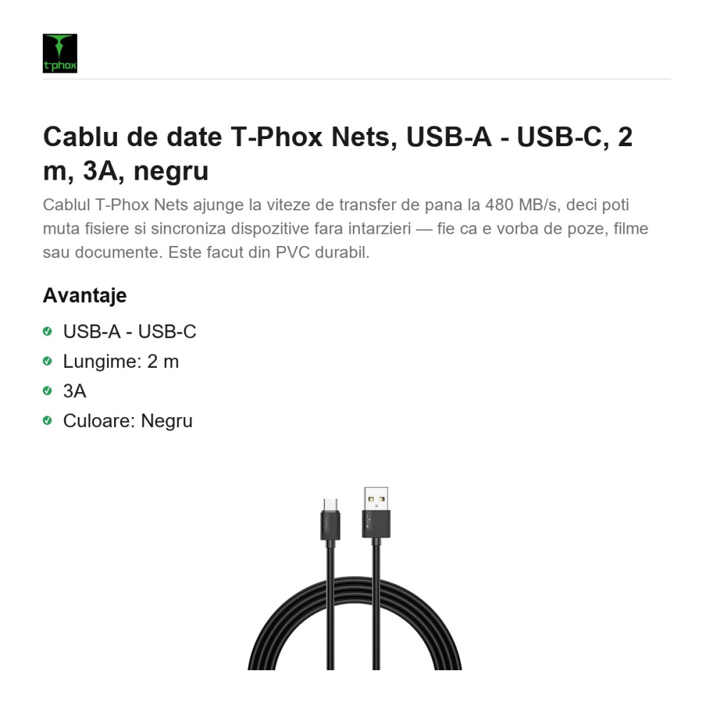 Cablu de date T-Phox Nets, USB-A - USB-C, 2 m, 3A, negru [2]