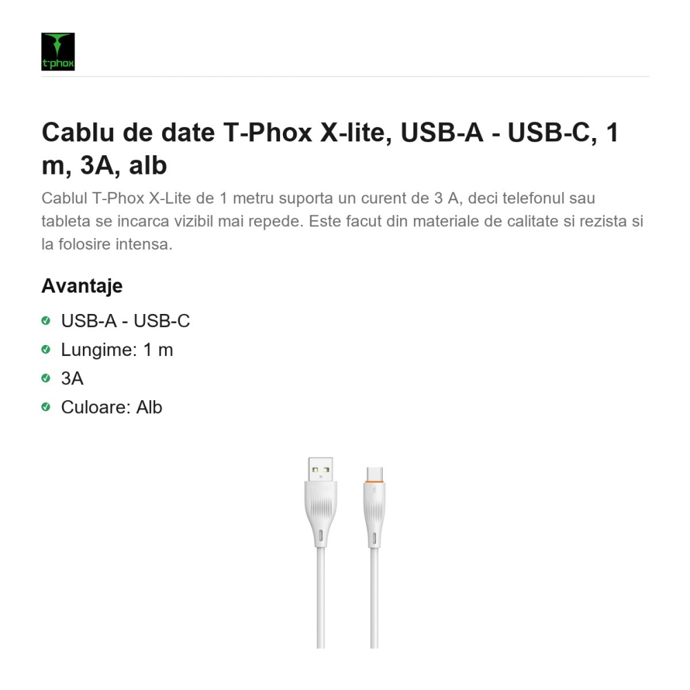 Cablu de date T-Phox X-lite, USB-A - USB-C, 1 m, 3A, alb [2]