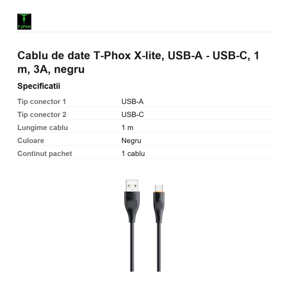 Cablu de date T-Phox X-lite, USB-A - USB-C, 1 m, 3A, negru [3]