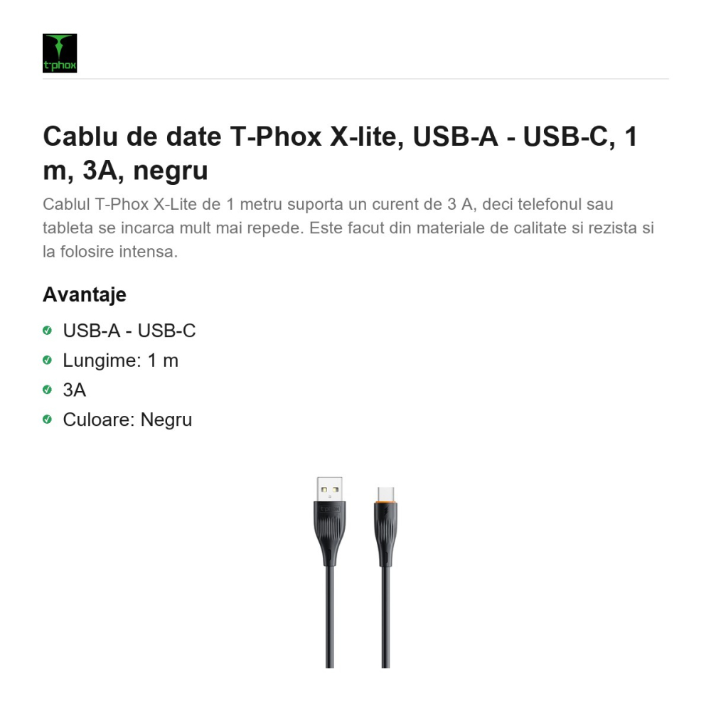 Cablu de date T-Phox X-lite, USB-A - USB-C, 1 m, 3A, negru [2]