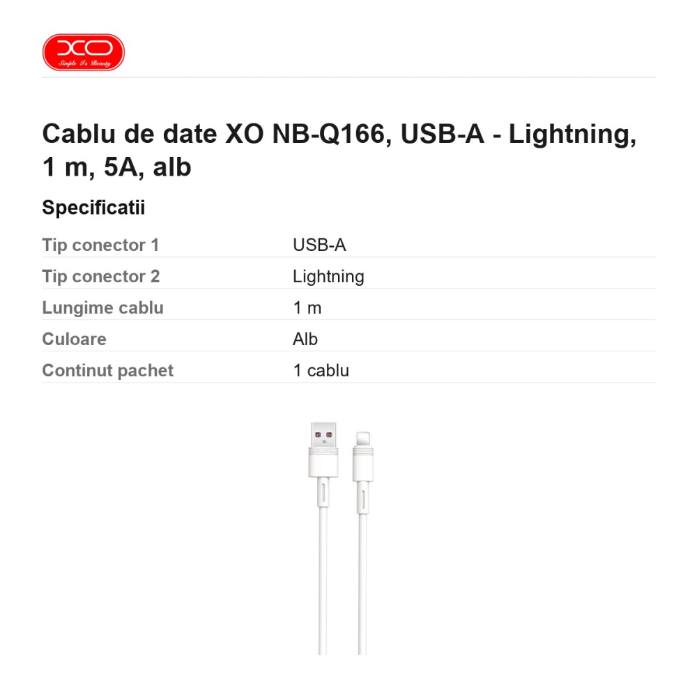Cablu de date XO NB-Q166, USB-A - Lightning, 1 m, 5A, alb [3]