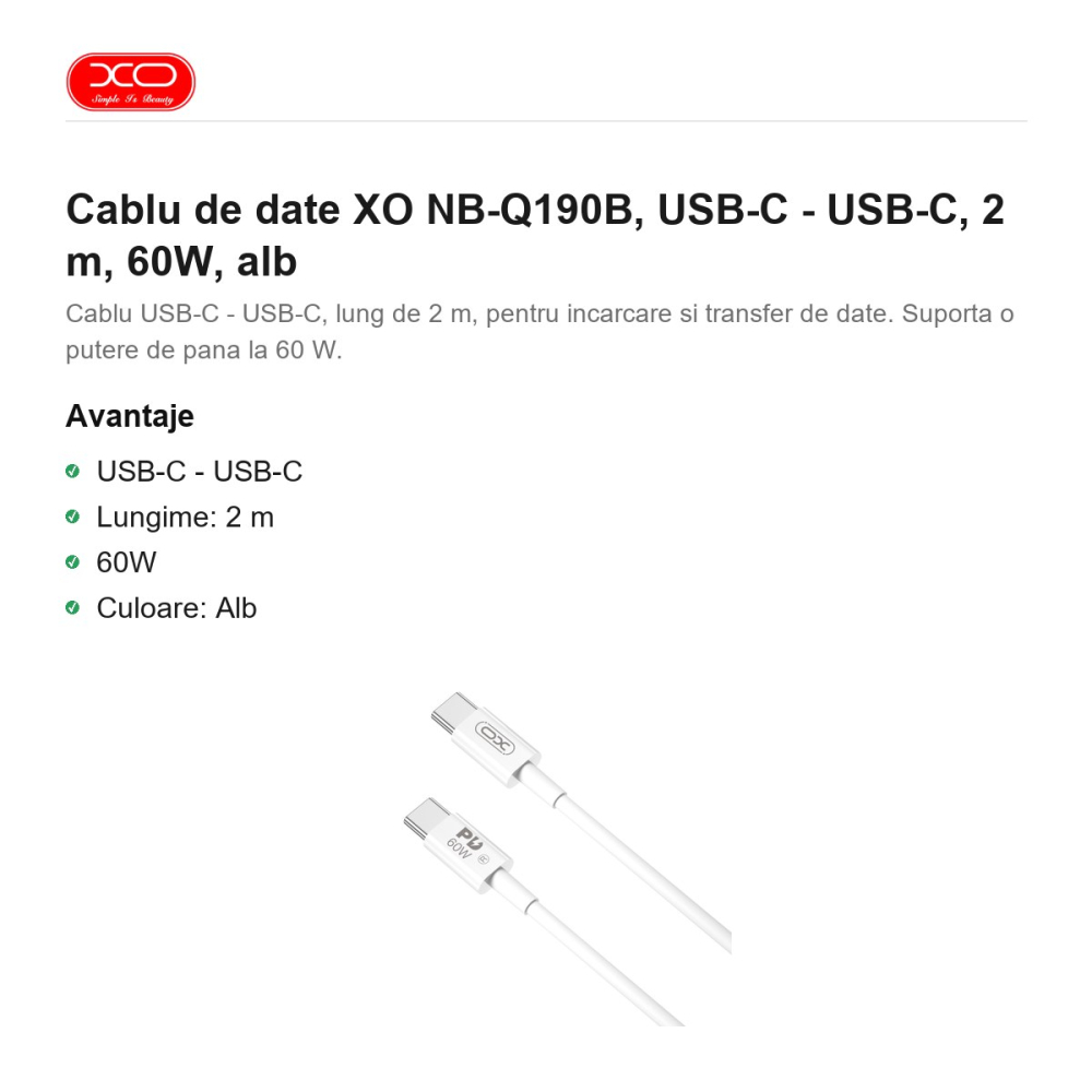 Cablu de date XO NB-Q190B, USB-C - USB-C, 2 m, 60W, alb [2]