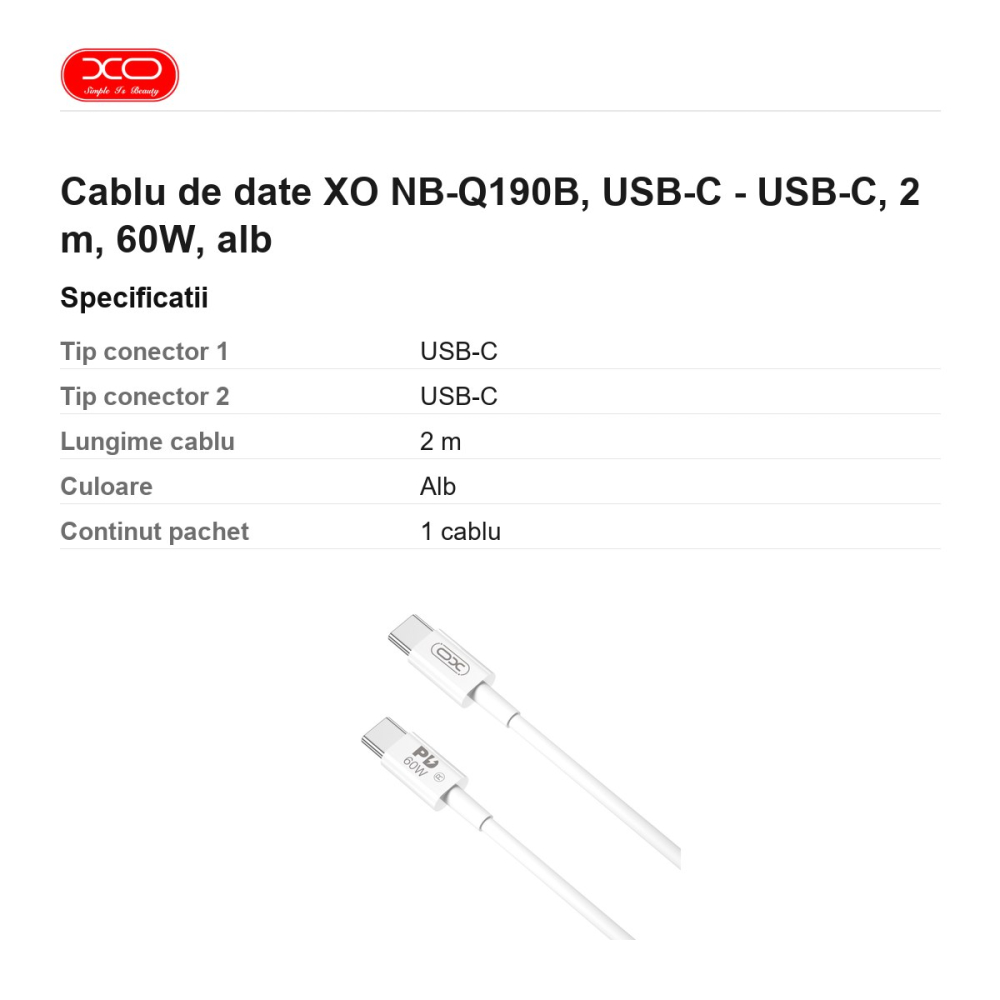 Cablu de date XO NB-Q190B, USB-C - USB-C, 2 m, 60W, alb [3]