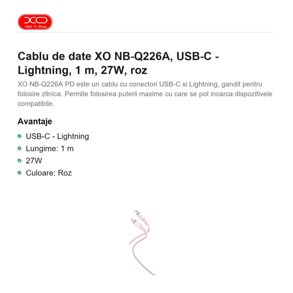 Cablu de date XO NB-Q226A, USB-C - Lightning, 1 m, 27W, roz [2]