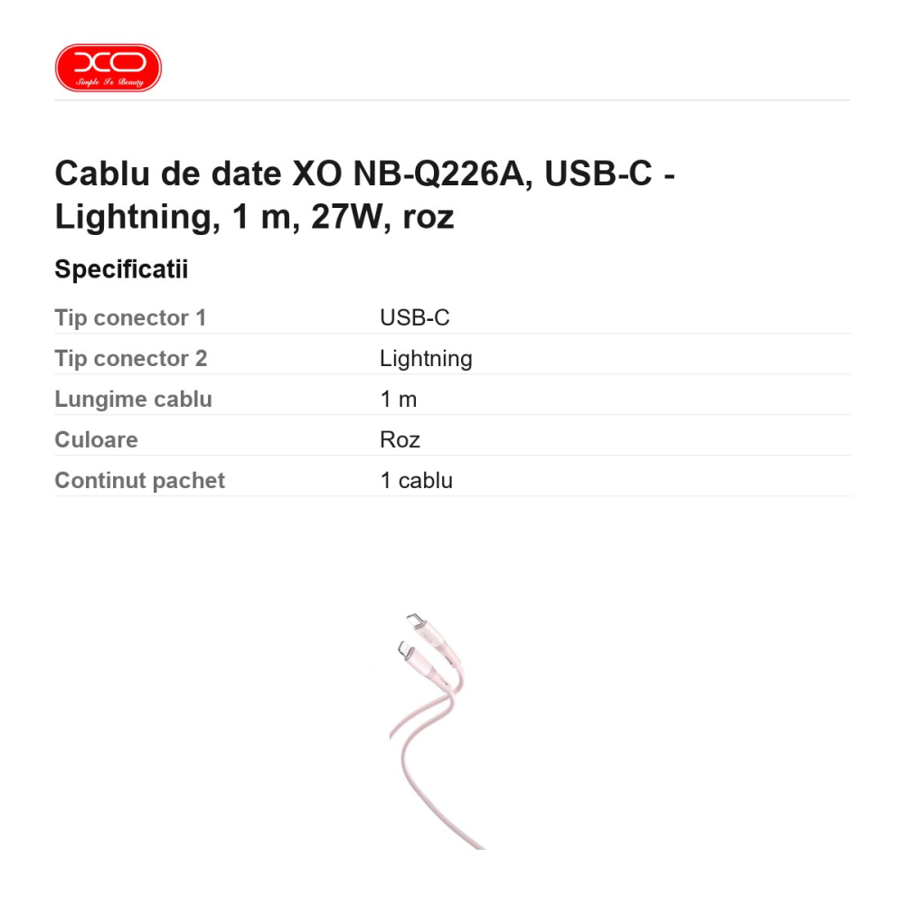 Cablu de date XO NB-Q226A, USB-C - Lightning, 1 m, 27W, roz [3]