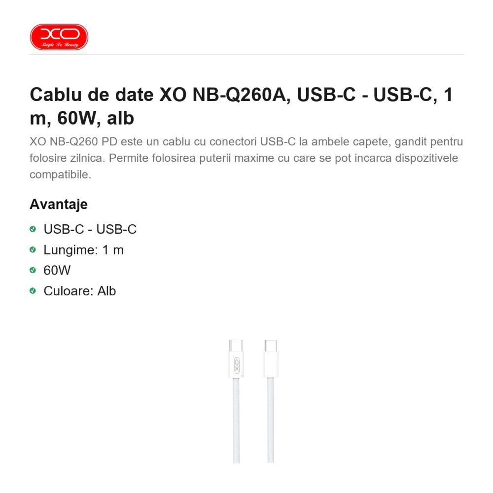 Cablu de date XO NB-Q260A, USB-C - USB-C, 1 m, 60W, alb [2]