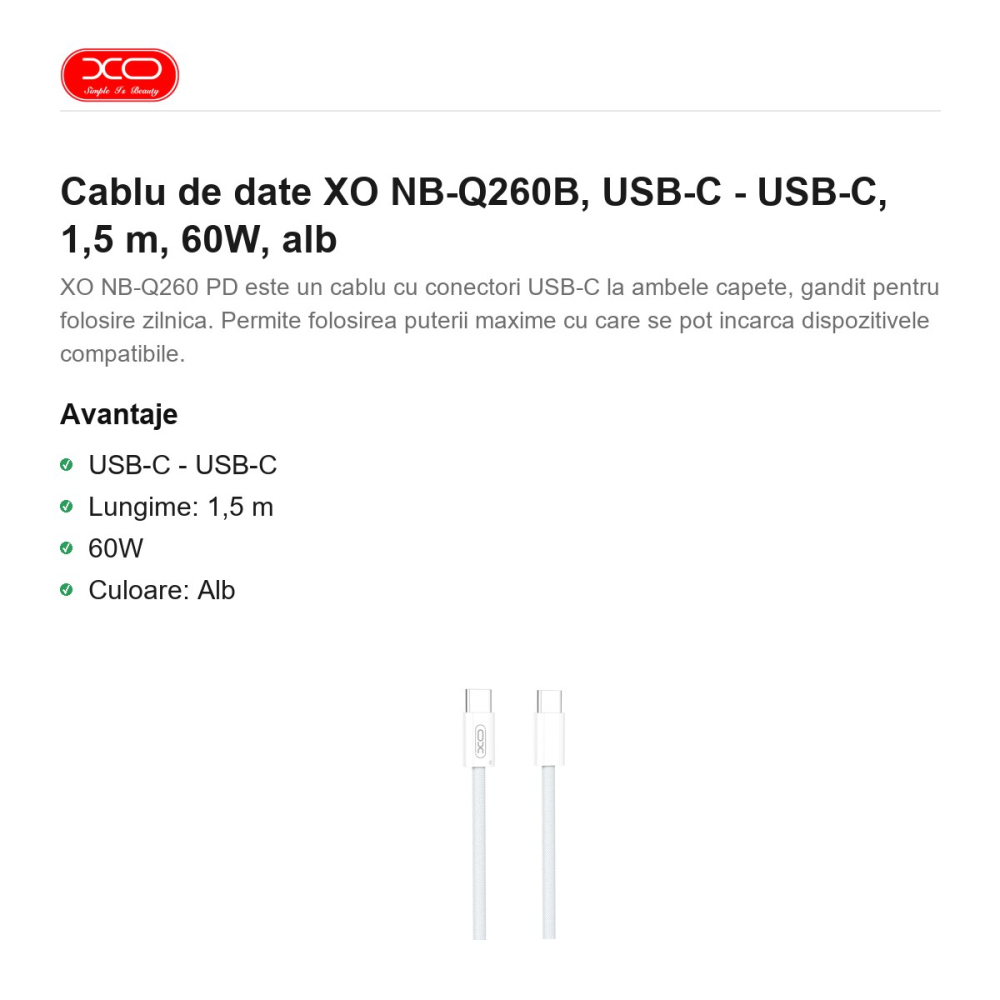 Cablu de date XO NB-Q260B, USB-C - USB-C, 1,5 m, 60W, alb [2]