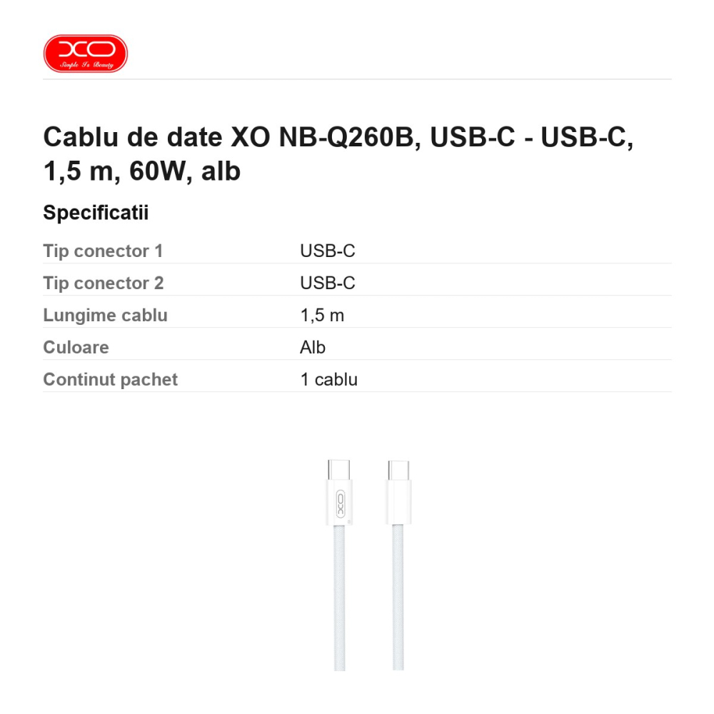 Cablu de date XO NB-Q260B, USB-C - USB-C, 1,5 m, 60W, alb [3]