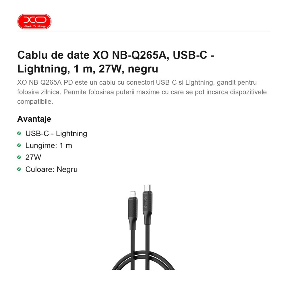 Cablu de date XO NB-Q265A, USB-C - Lightning, 1 m, 27W, negru [2]
