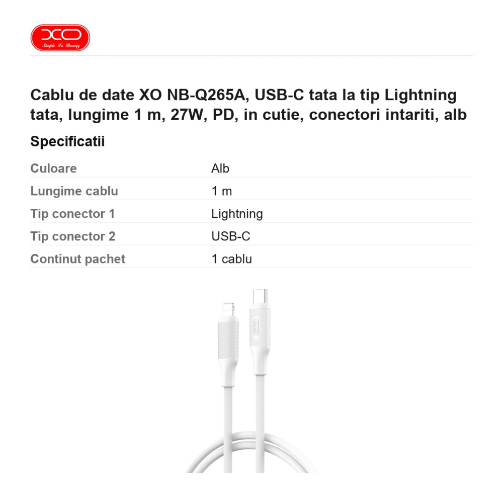 Cablu de date XO NB-Q265A, USB-C tata la tip Lightning tata, lungime 1 m, 27W, PD, in cutie, conectori intariti, alb [3]