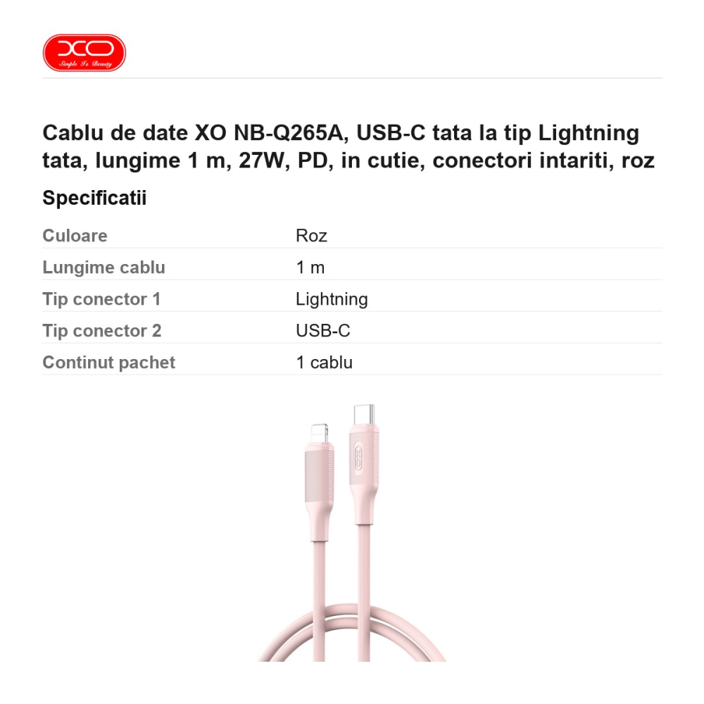 Cablu de date XO NB-Q265A, USB-C tata la tip Lightning tata, lungime 1 m, 27W, PD, in cutie, conectori intariti, roz [3]