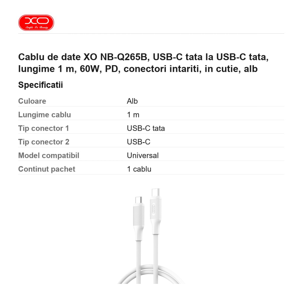 Cablu de date XO NB-Q265B, USB-C tata la USB-C tata, lungime 1 m, 60W, PD, conectori intariti, in cutie, alb [3]