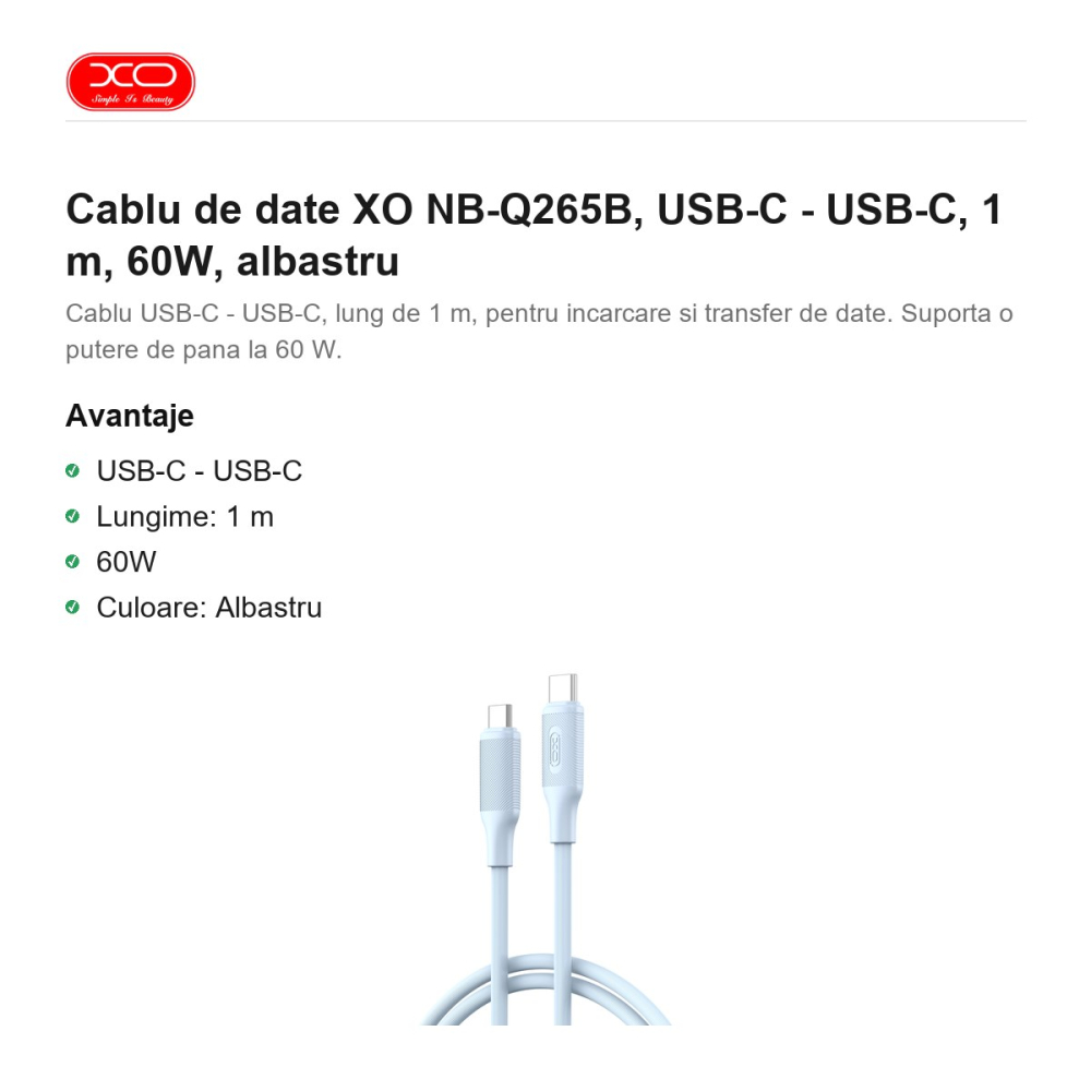 Cablu de date XO NB-Q265B, USB-C - USB-C, 1 m, 60W, albastru [2]