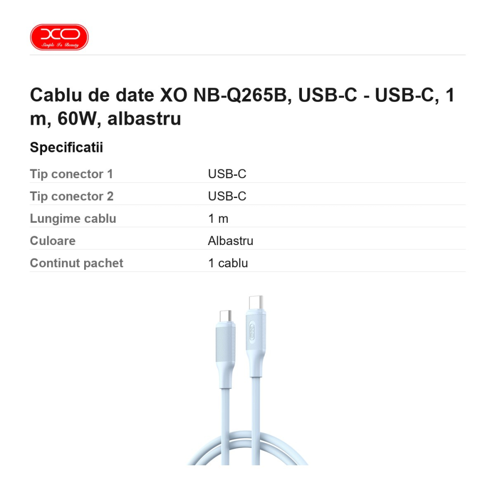 Cablu de date XO NB-Q265B, USB-C - USB-C, 1 m, 60W, albastru [3]