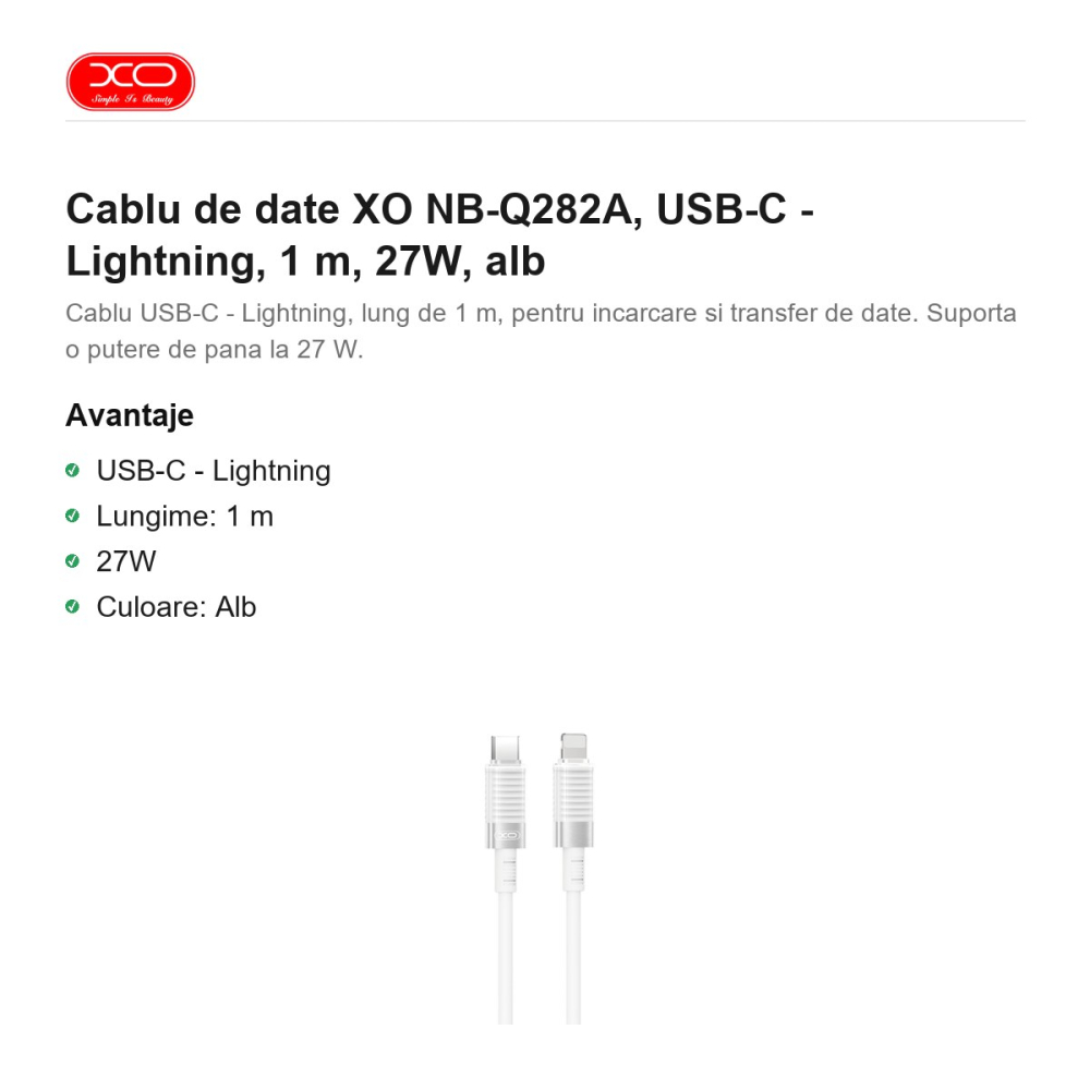 Cablu de date XO NB-Q282A, USB-C - Lightning, 1 m, 27W, alb [2]