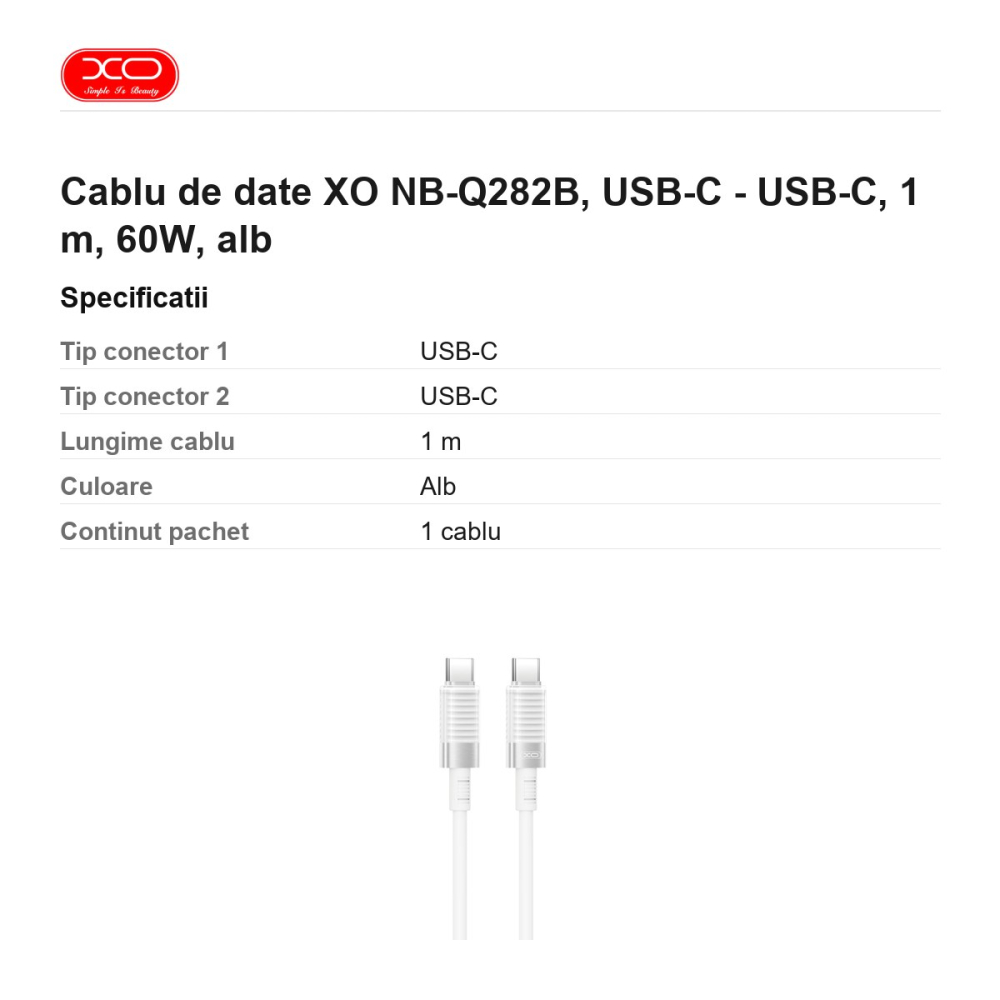 Cablu de date XO NB-Q282B, USB-C - USB-C, 1 m, 60W, alb [3]