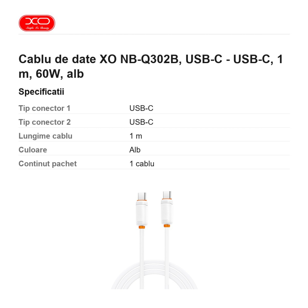 Cablu de date XO NB-Q302B, USB-C - USB-C, 1 m, 60W, alb [3]