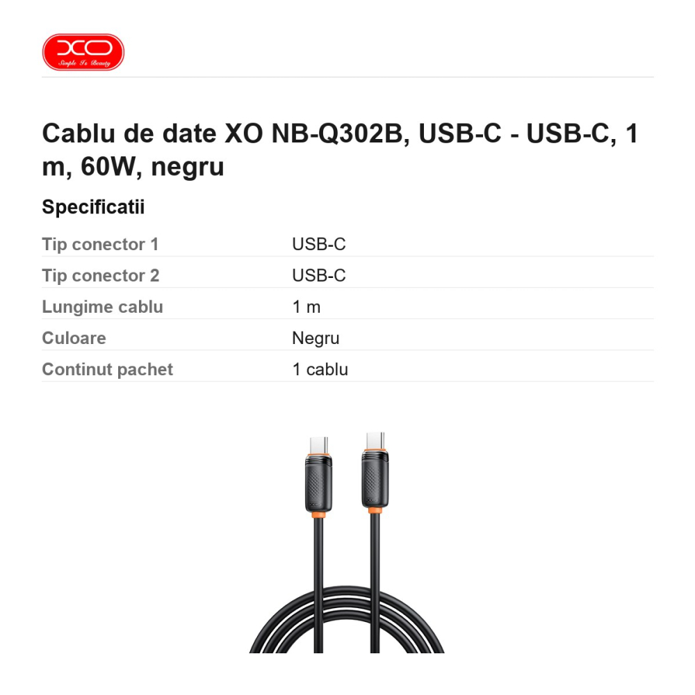 Cablu de date XO NB-Q302B, USB-C - USB-C, 1 m, 60W, negru [3]