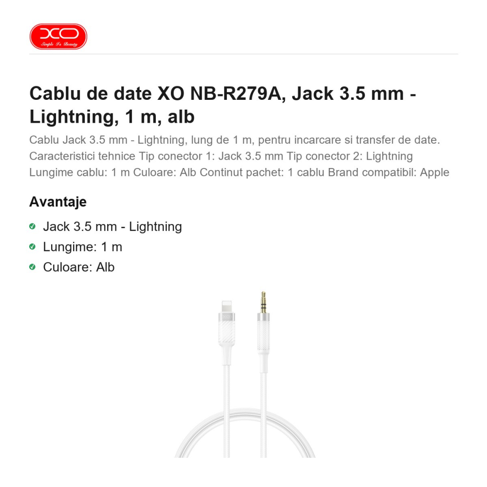 Cablu de date XO NB-R279A, Jack 3.5 mm - Lightning, 1 m, alb [2]