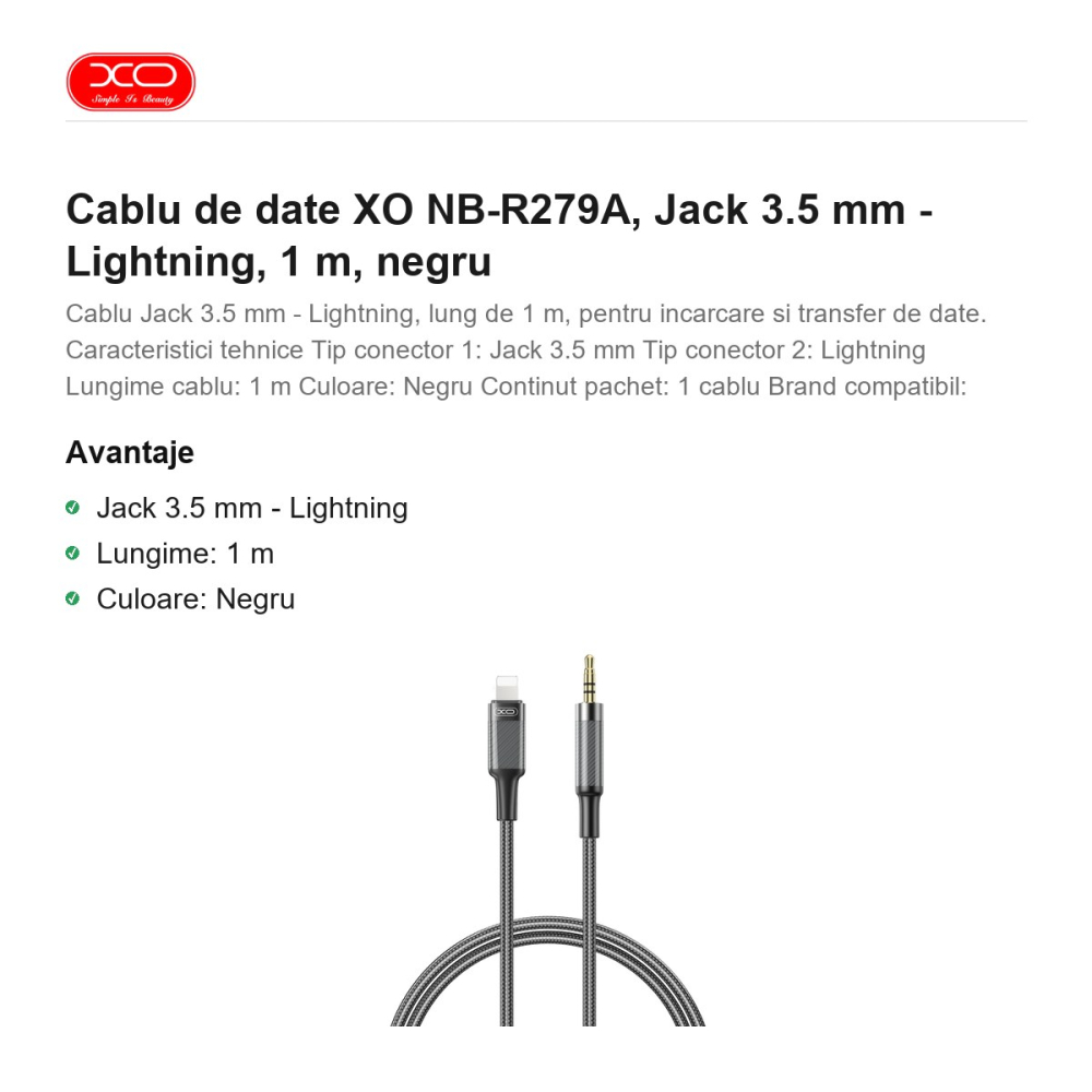 Cablu de date XO NB-R279A, Jack 3.5 mm - Lightning, 1 m, negru [2]