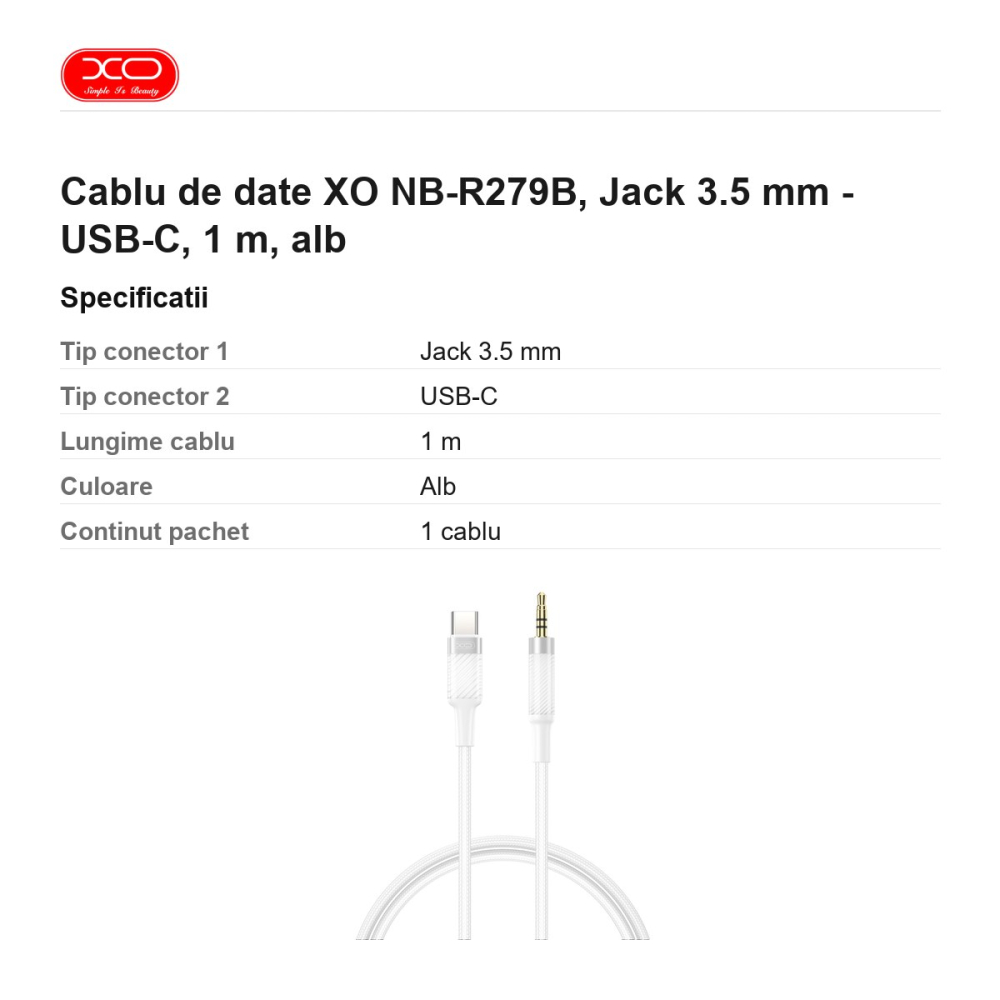 Cablu de date XO NB-R279B, Jack 3.5 mm - USB-C, 1 m, alb [3]