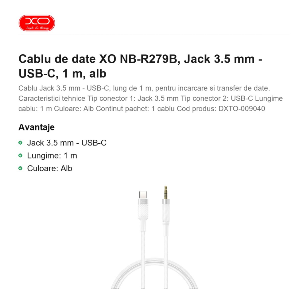 Cablu de date XO NB-R279B, Jack 3.5 mm - USB-C, 1 m, alb [2]