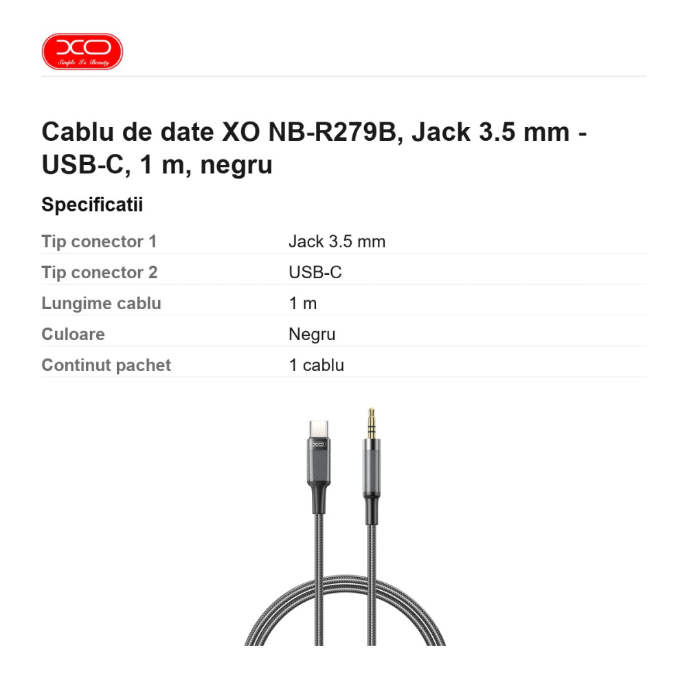 Cablu de date XO NB-R279B, Jack 3.5 mm - USB-C, 1 m, negru [3]