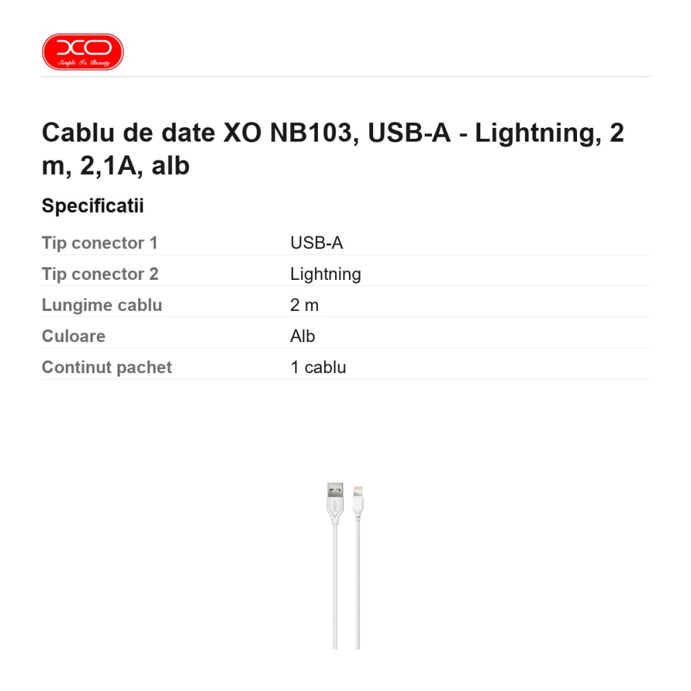 Cablu de date XO NB103, USB-A - Lightning, 2 m, 2,1A, alb [3]