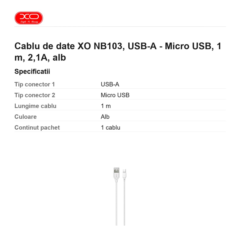 Cablu de date XO NB103, USB-A - Micro USB, 1 m, 2,1A, alb [3]