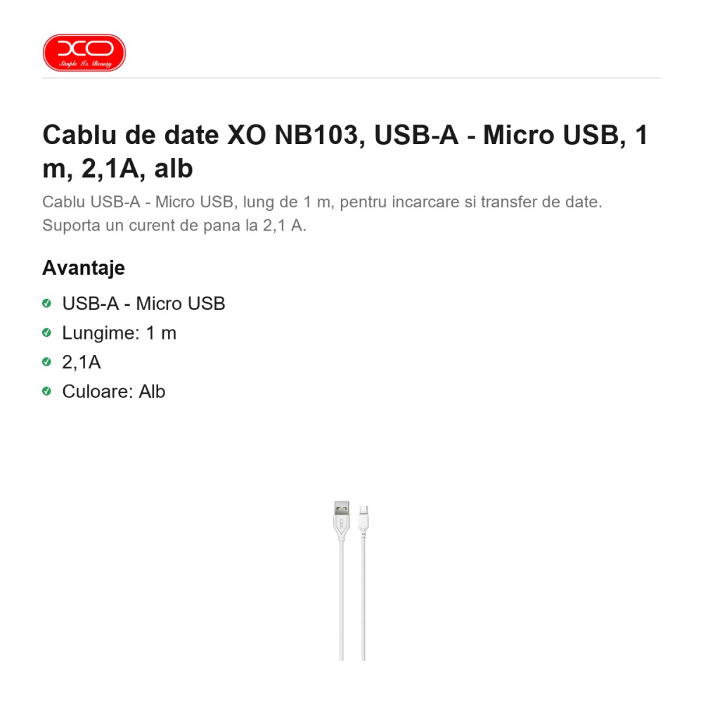 Cablu de date XO NB103, USB-A - Micro USB, 1 m, 2,1A, alb [2]