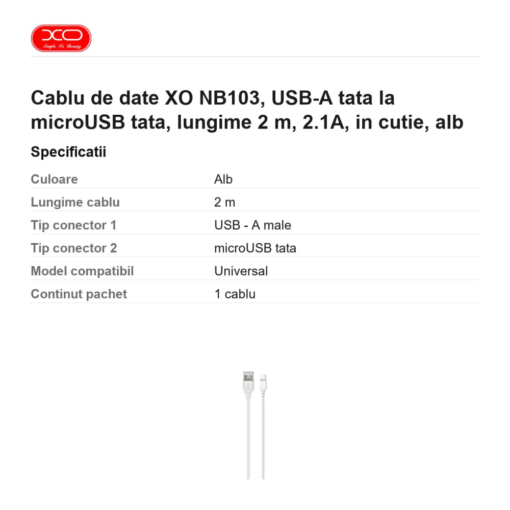 Cablu de date XO NB103, USB-A tata la microUSB tata, lungime 2 m, 2.1A, in cutie, alb [3]