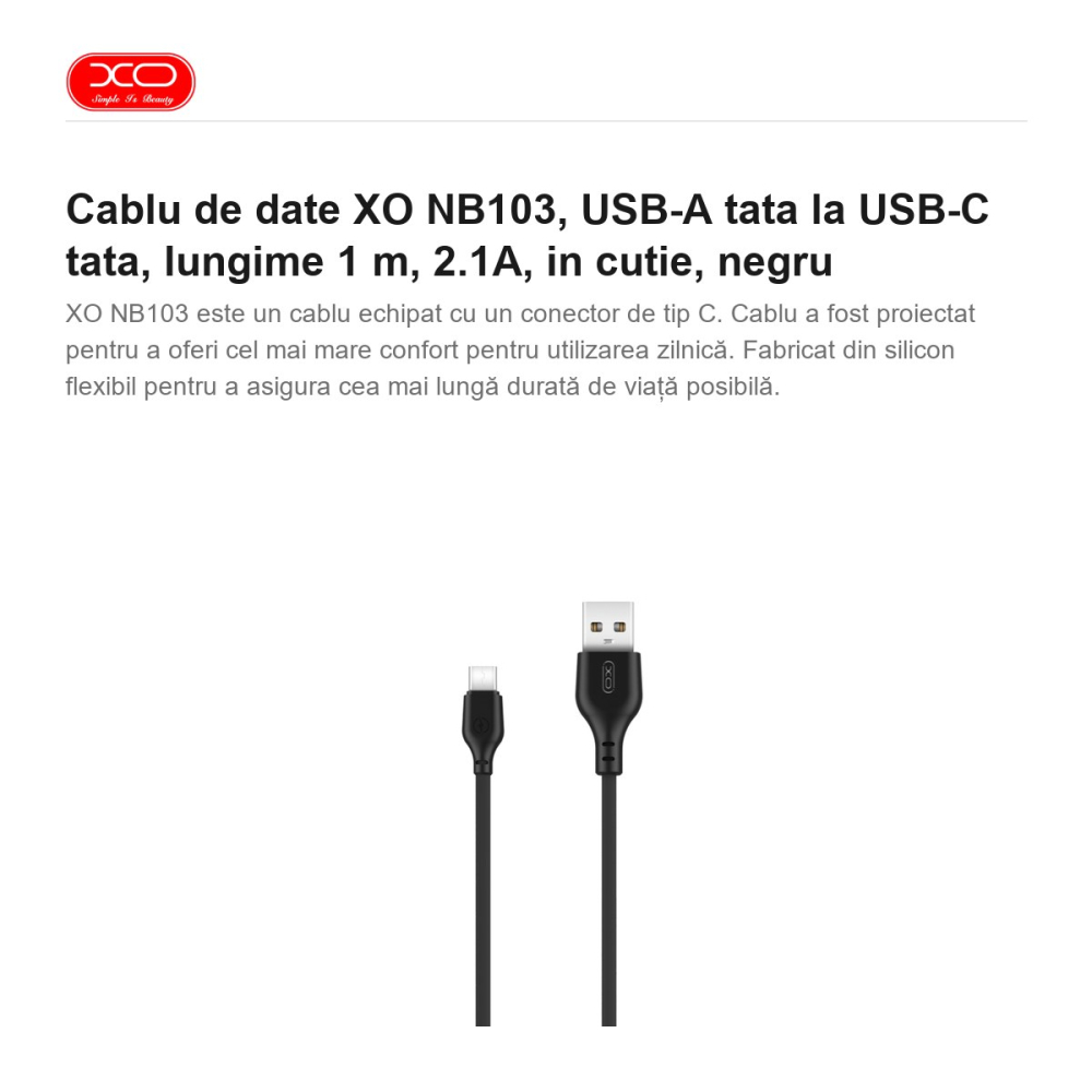 Cablu de date XO NB103, USB-A tata la USB-C tata, lungime 1 m, 2.1A, in cutie, negru [2]