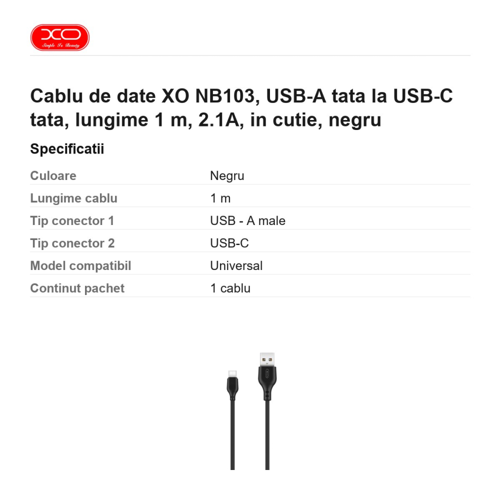 Cablu de date XO NB103, USB-A tata la USB-C tata, lungime 1 m, 2.1A, in cutie, negru [3]