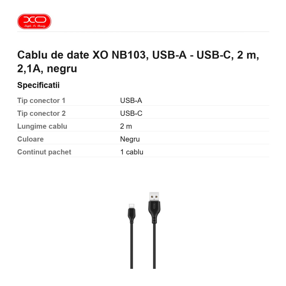 Cablu de date XO NB103, USB-A - USB-C, 2 m, 2,1A, negru [3]