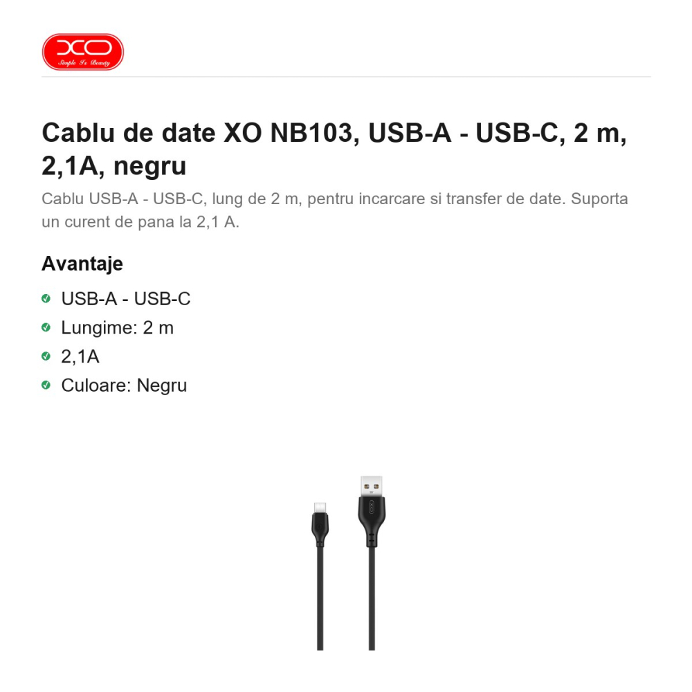 Cablu de date XO NB103, USB-A - USB-C, 2 m, 2,1A, negru [2]