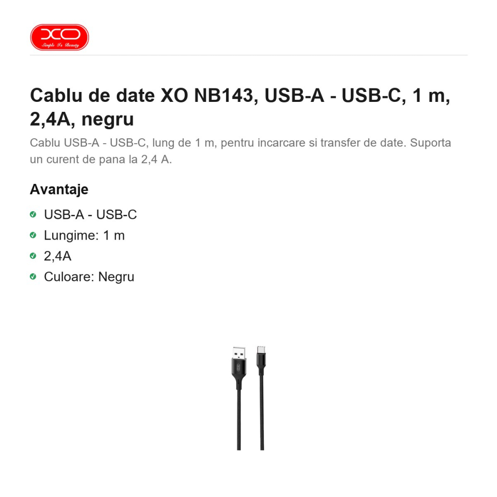 Cablu de date XO NB143, USB-A - USB-C, 1 m, 2,4A, negru [2]