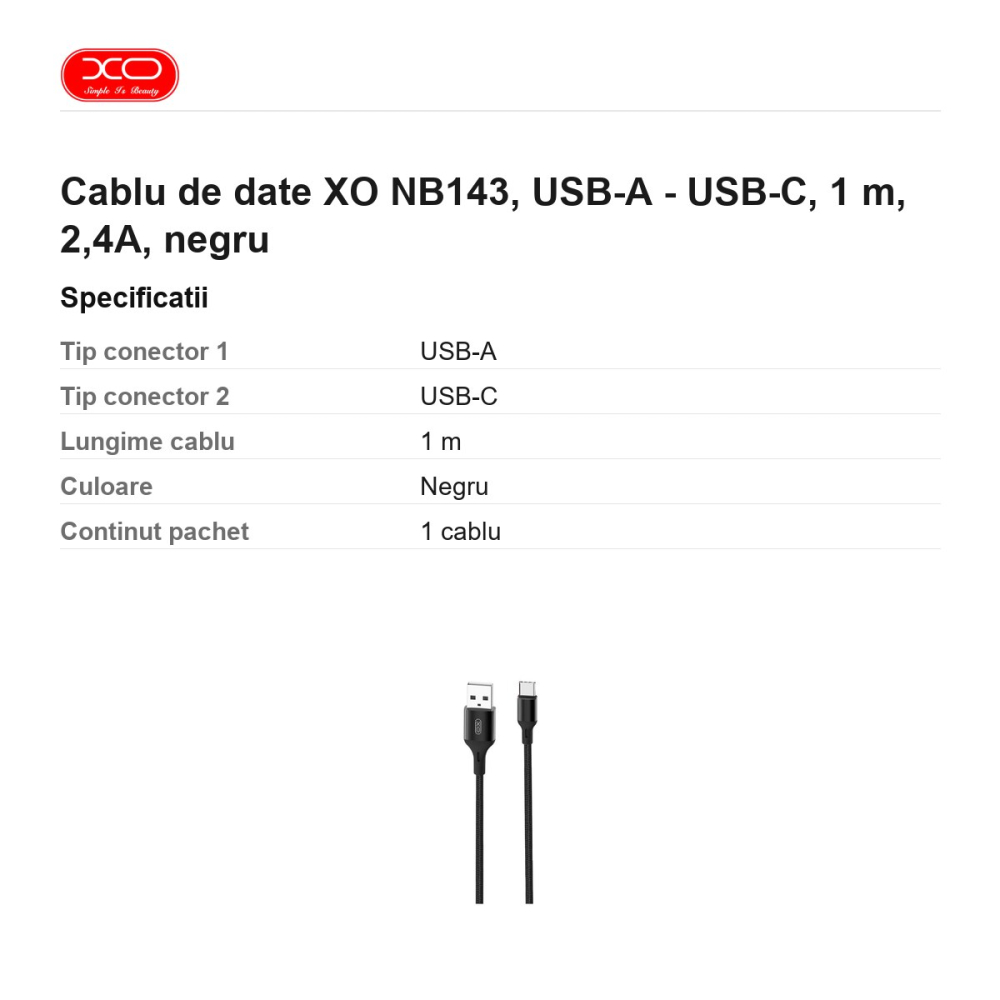 Cablu de date XO NB143, USB-A - USB-C, 1 m, 2,4A, negru [3]
