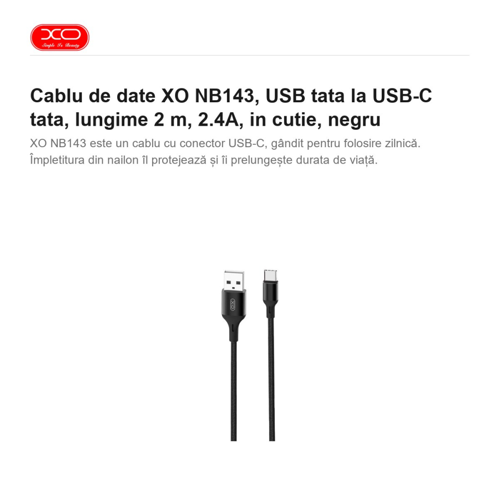Cablu de date XO NB143, USB tata la USB-C tata, lungime 2 m, 2.4A, in cutie, negru [2]