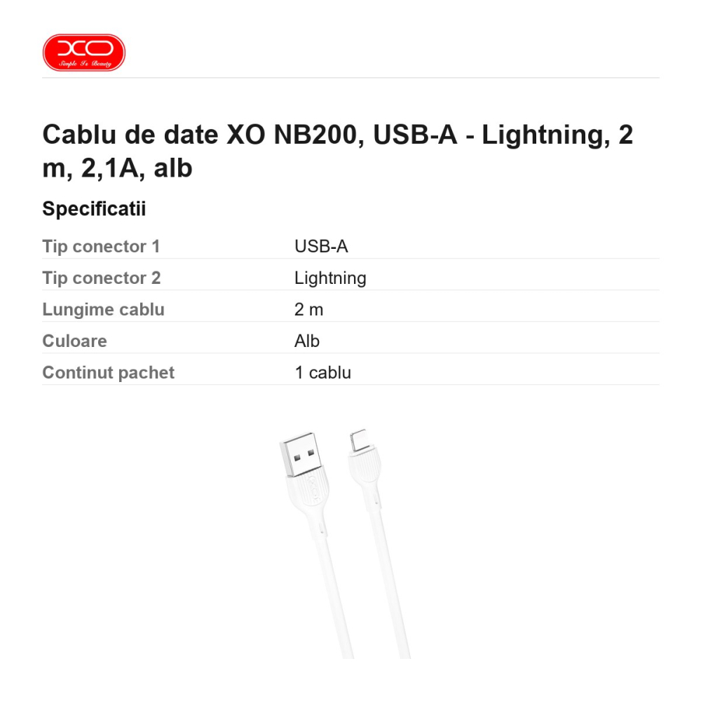 Cablu de date XO NB200, USB-A - Lightning, 2 m, 2,1A, alb [3]