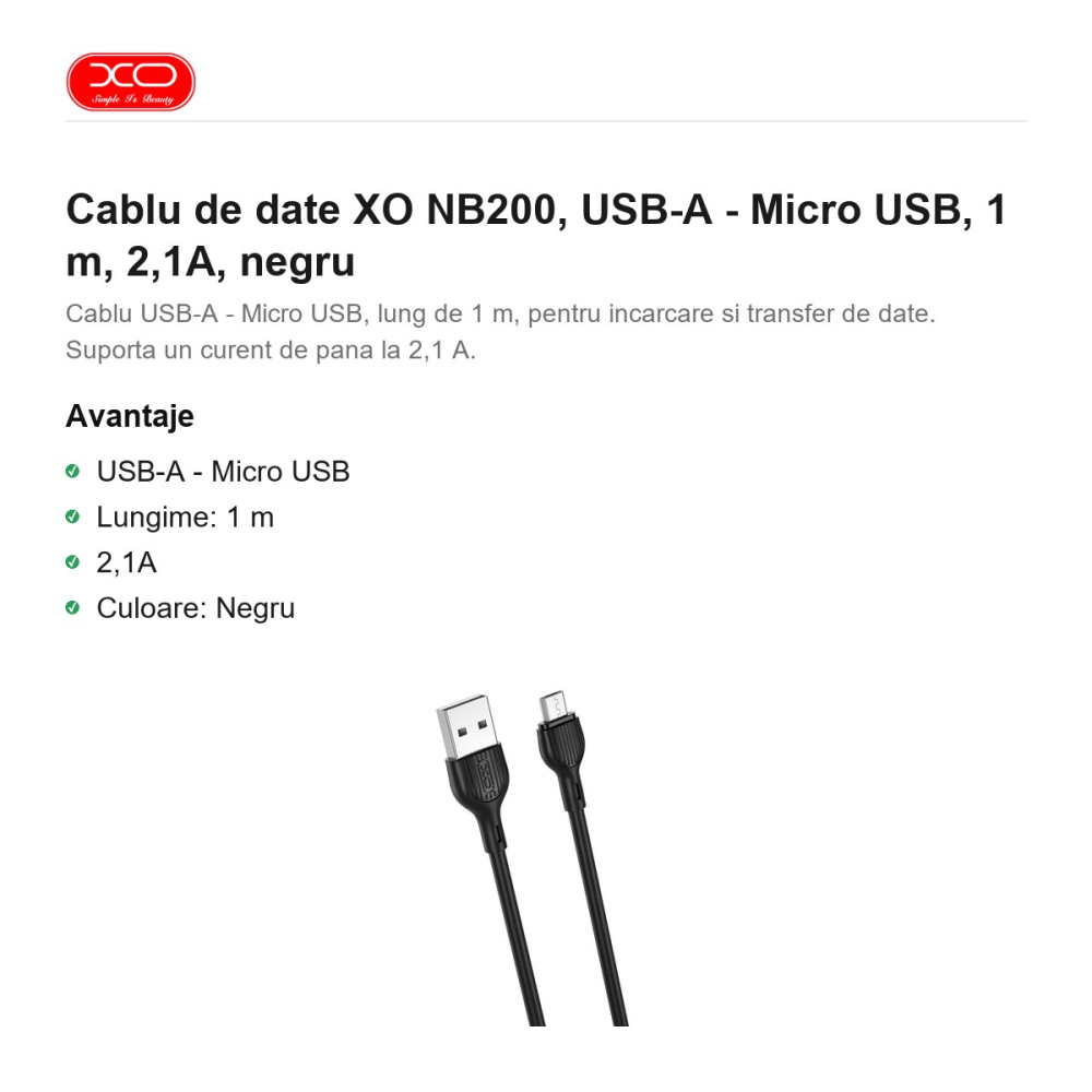 Cablu de date XO NB200, USB-A - Micro USB, 1 m, 2,1A, negru [2]