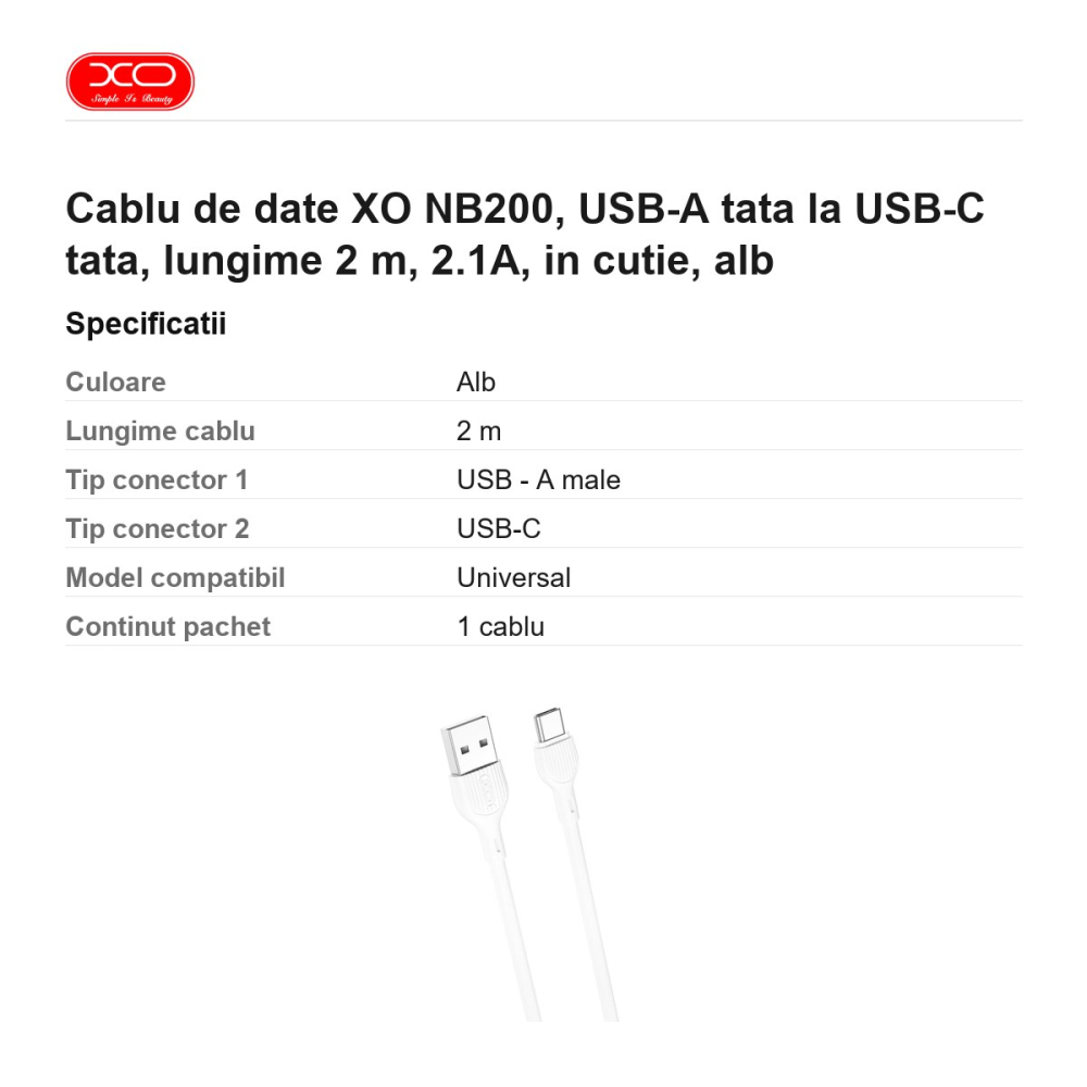 Cablu de date XO NB200, USB-A tata la USB-C tata, lungime 2 m, 2.1A, in cutie, alb [3]